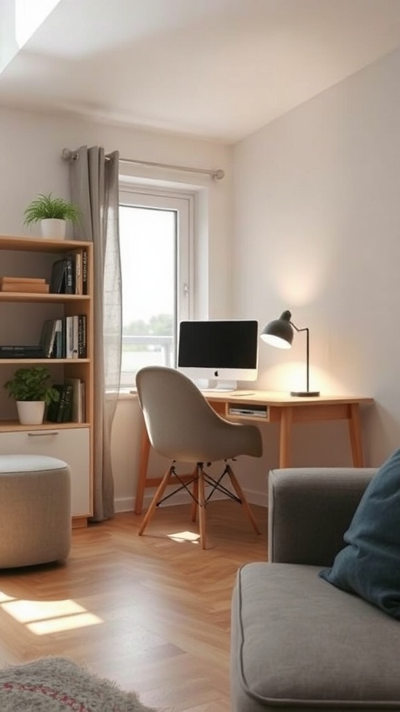 A cozy home office setup in a small apartment featuring a desk, chair, and window light.