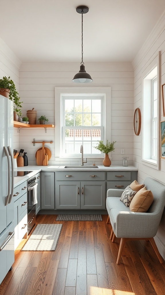 A tiny farmhouse kitchen featuring light gray cabinets, wooden accents, and a cozy seating area.