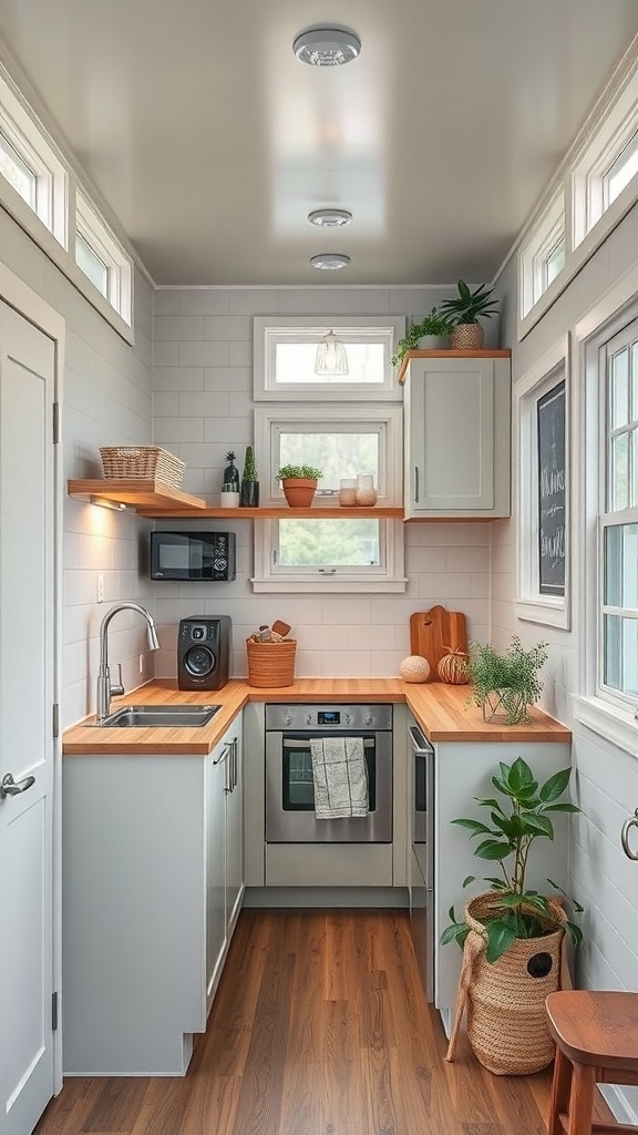A bright and functional tiny kitchen with modern appliances, light cabinets, and wooden countertops.