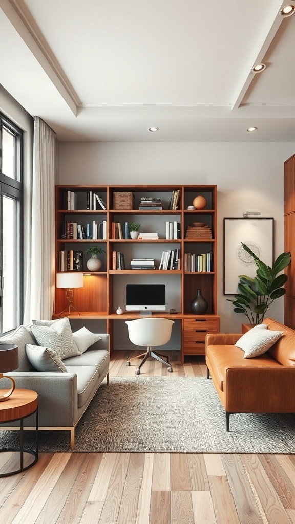 A modern home office design featuring a bookshelf partition, a cozy seating area, and a sleek desk