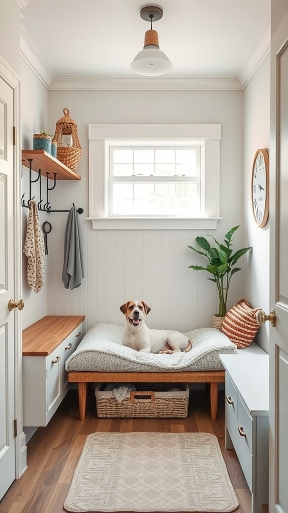A cozy mudroom featuring a dog on a soft bed, shelves with pet essentials, and a plant.