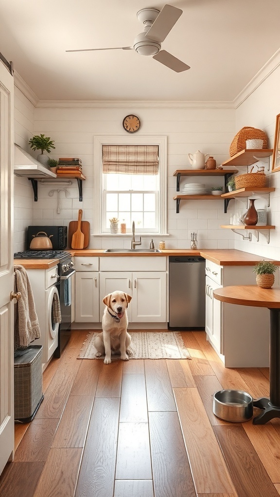 A cozy cottage kitchen with a golden retriever sitting on the floor, showcasing a pet-friendly design.
