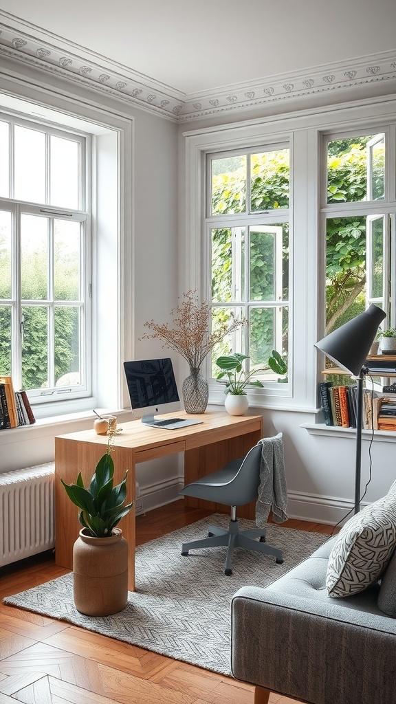 A stylish small study room with a wooden desk, computer, ergonomic chair, and large windows overlooking greenery.