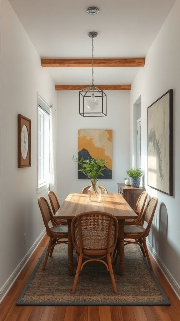A narrow dining room with a wooden table, stylish chairs, and decorative artwork.
