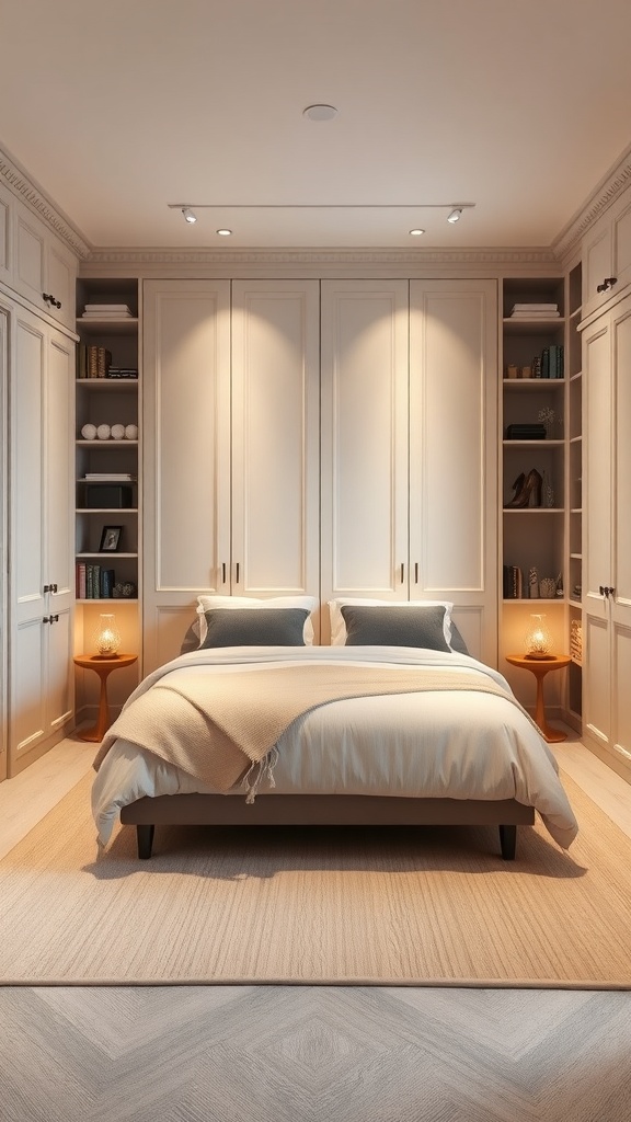 A cozy bedroom featuring a fitted wardrobe with shelves and soft lighting, designed for couples.
