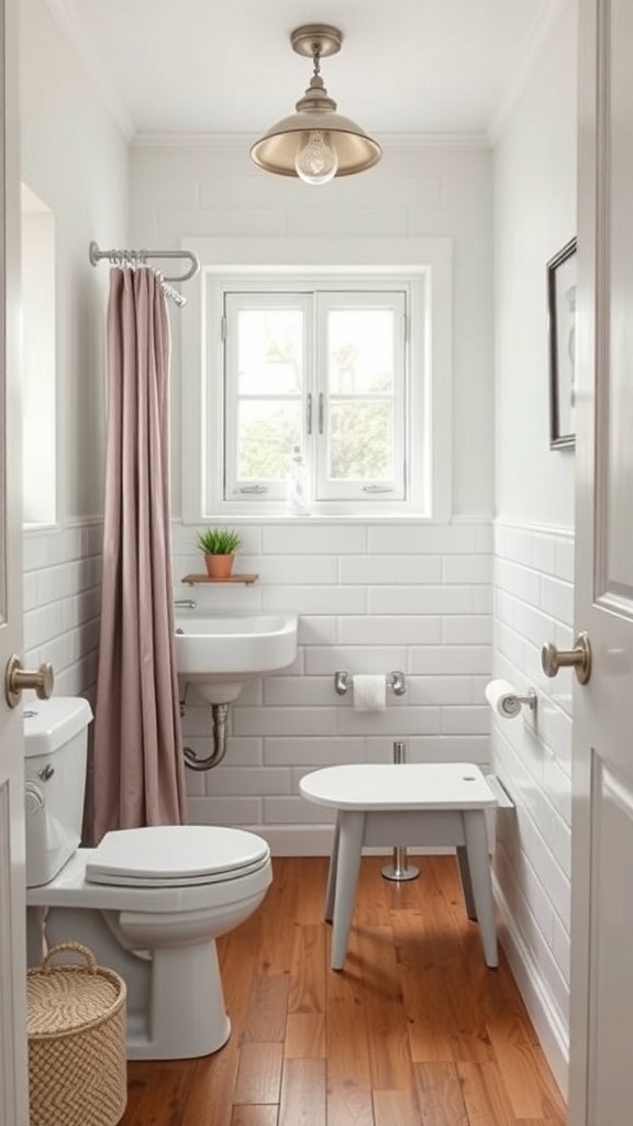 A small bathroom with a compact layout featuring a toilet, sink, and a stool.