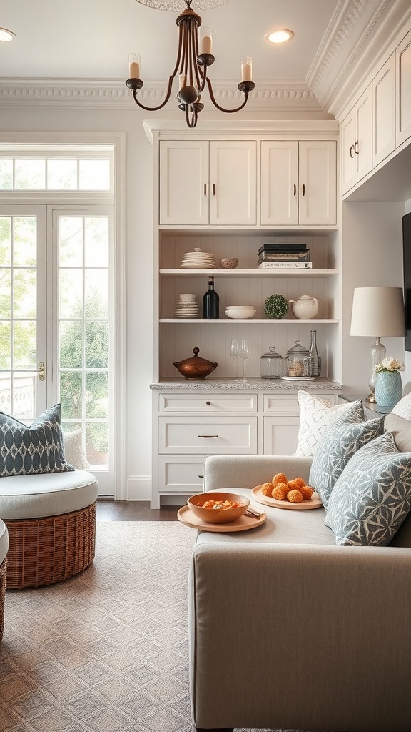 A stylish butler's pantry with open shelving, a comfortable seating area, and decorative elements, perfect for entertaining.