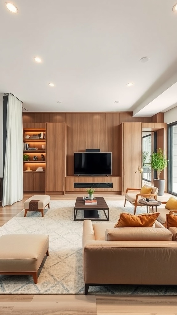 A modern living room featuring wooden storage solutions, a television area, and stylish furniture.