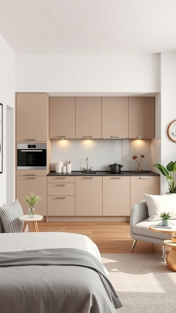 A minimalist apartment kitchen featuring beige cabinets, a black countertop, and a cozy living area.