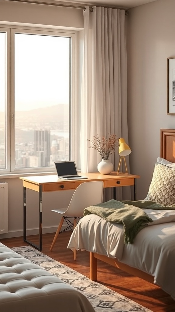 A cozy bedroom featuring a study desk by a large window with a laptop, a bed with a blanket, and stylish decor.