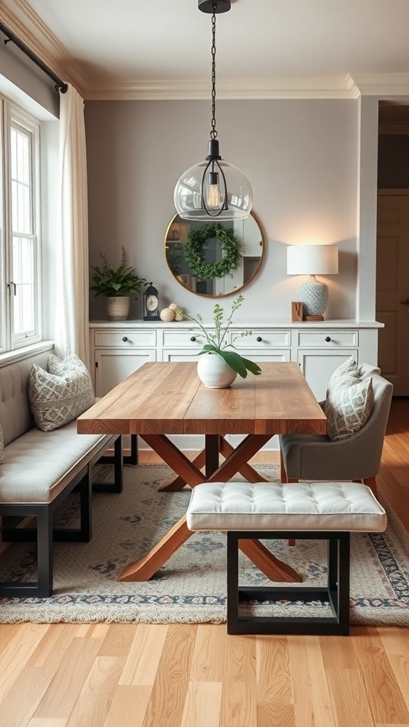 A cozy dining area featuring a wooden table and stylish benches, designed for space-saving.