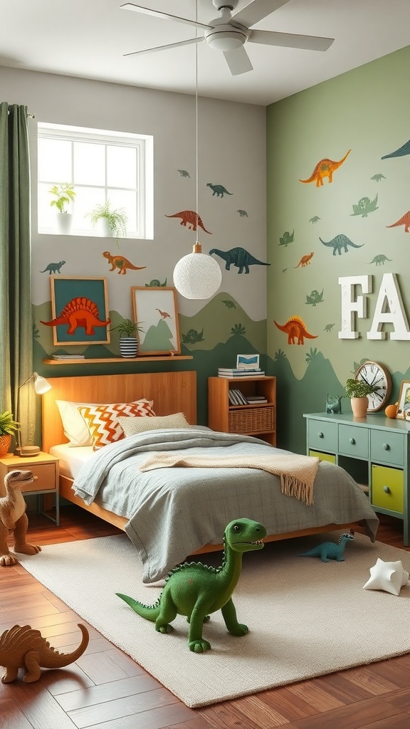 A children's room designed with a dinosaur theme, featuring dinosaur murals, a cozy bed, and playful toys.