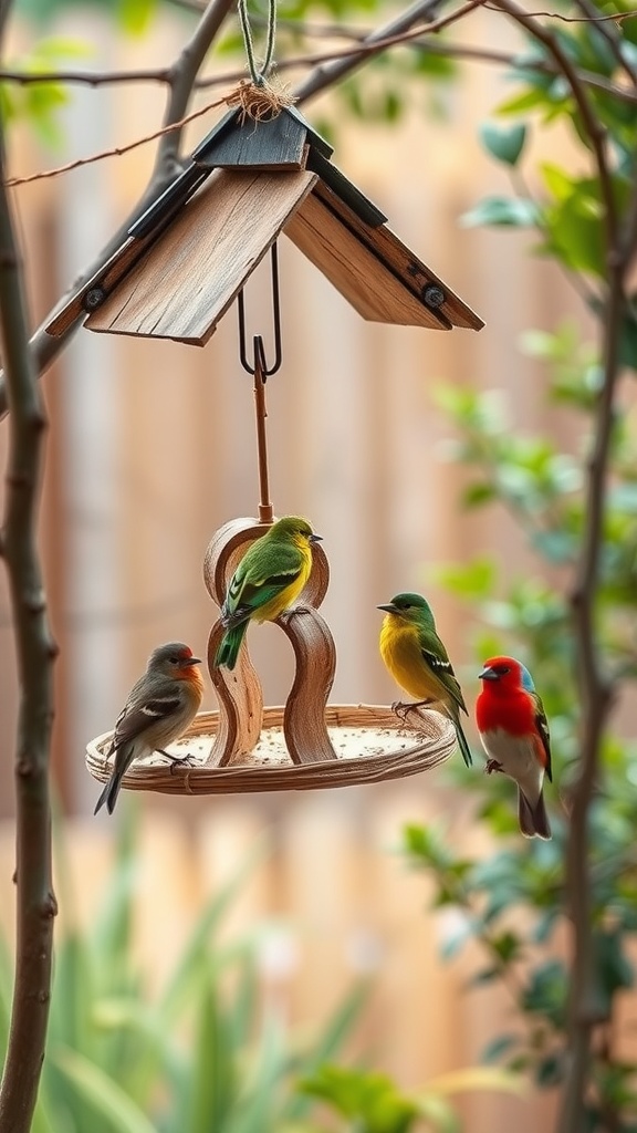 A colorful bird feeder hanging from a tree branch with various birds feeding on it.