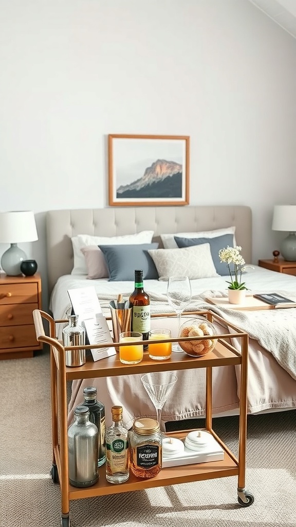 A stylish bar cart with various spirits, mixers, and recipe cards in a cozy bedroom setting.