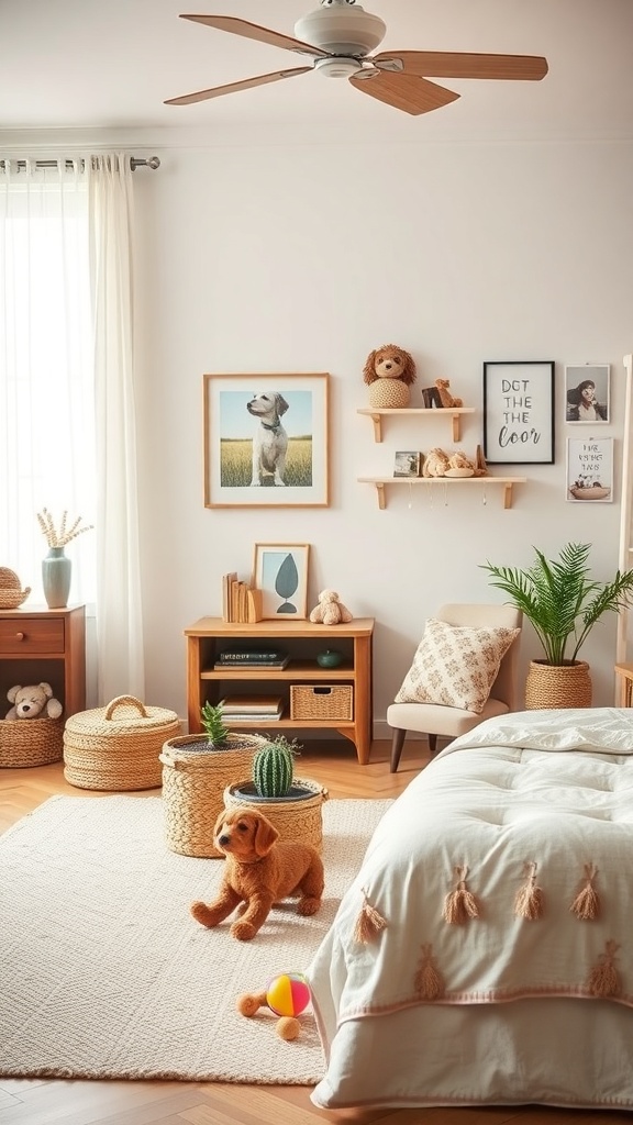 A cozy dog room featuring a plush dog toy, woven baskets for storage, and decorative shelves.