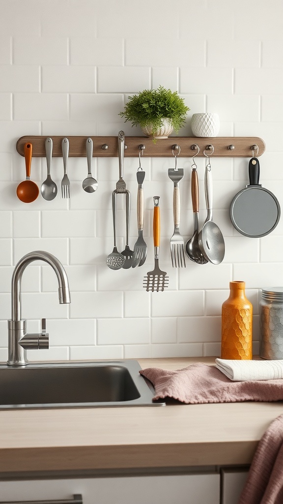 A kitchen with a magnetic strip holding various metal utensils, showcasing a neat and organized space.