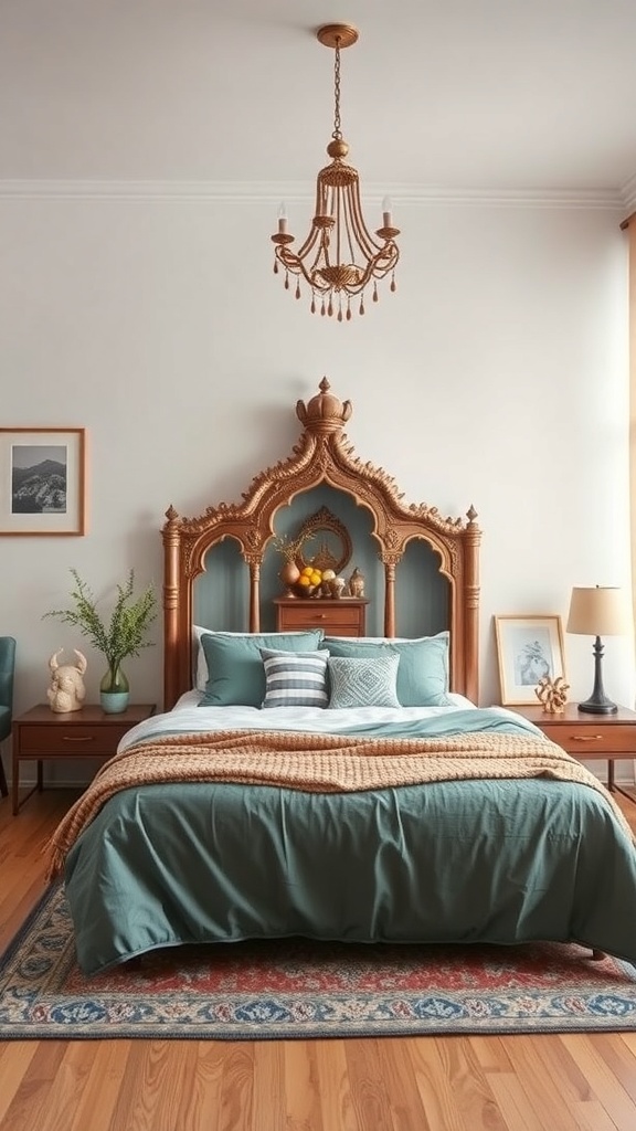 A beautifully arranged bedroom with a decorative headboard, soft bedding, and warm lighting.