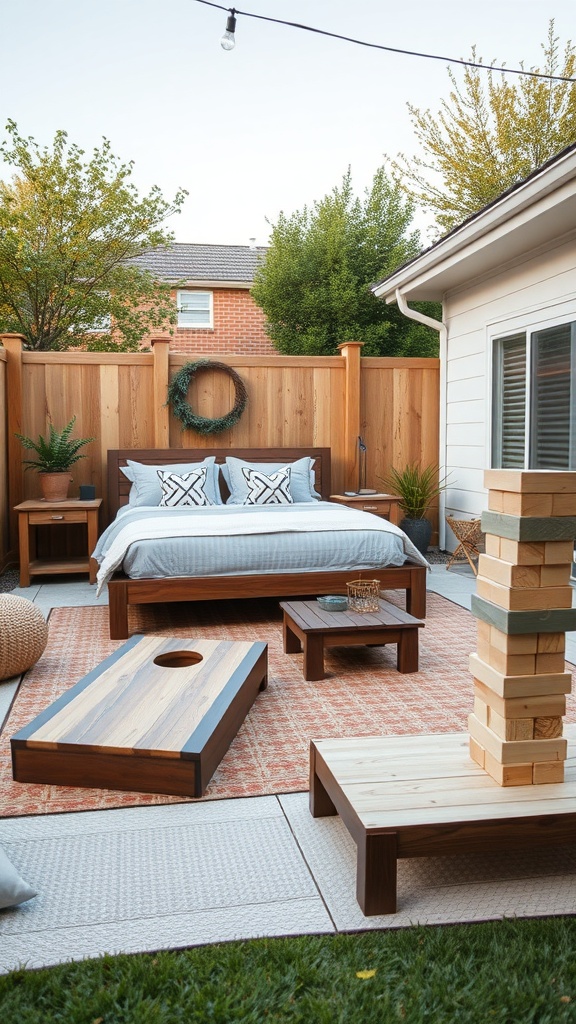 A cozy backyard setup featuring DIY outdoor games like giant Jenga and cornhole.