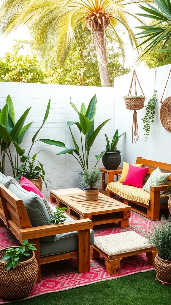 Cozy backyard seating area with pallet furniture, colorful cushions, and plants.