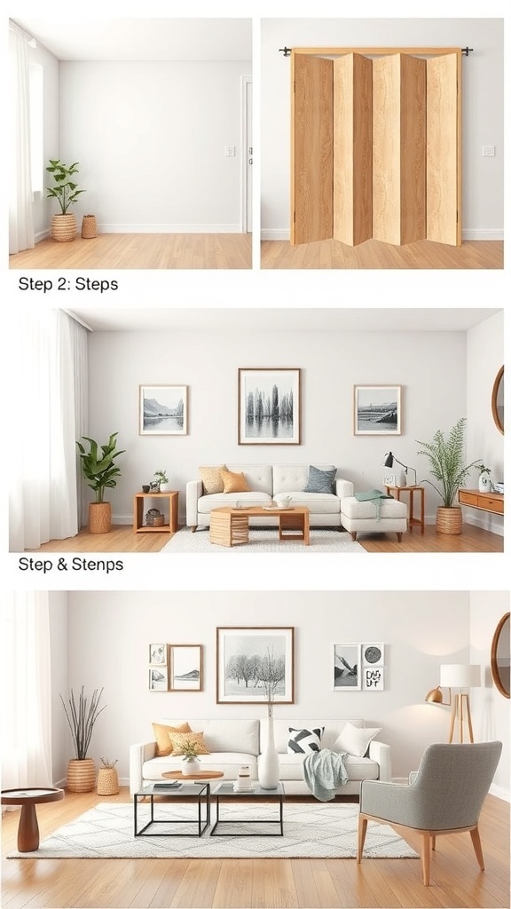 A step-by-step guide showing a DIY partition wall being installed in a living room
