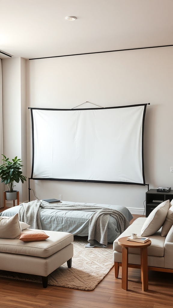A cozy home theater setup with a DIY projector screen mounted on the wall, featuring comfortable seating and a warm atmosphere.