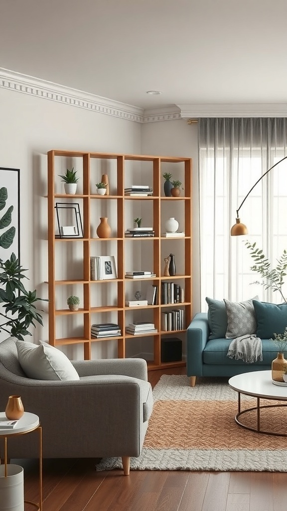 Cozy living area with a wooden shelf partition displaying plants and books