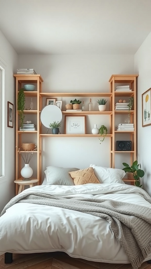 A cozy bedroom with a wooden DIY shelving unit above the bed, styled with plants, books, and decorative items.