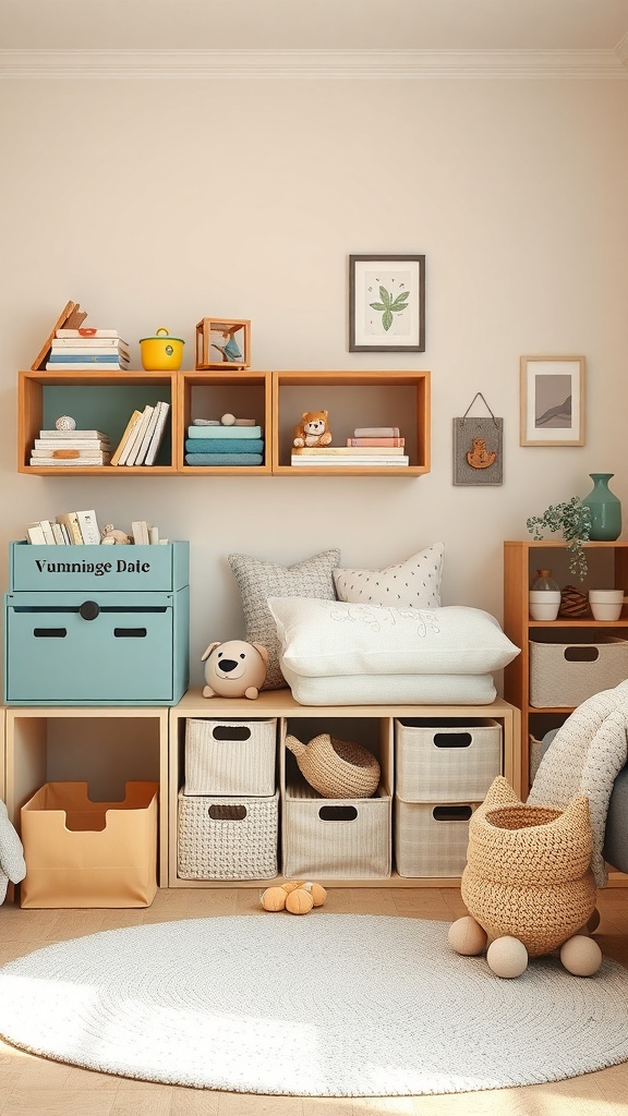 A cozy toy storage area with wooden shelves, colorful boxes, and woven baskets.