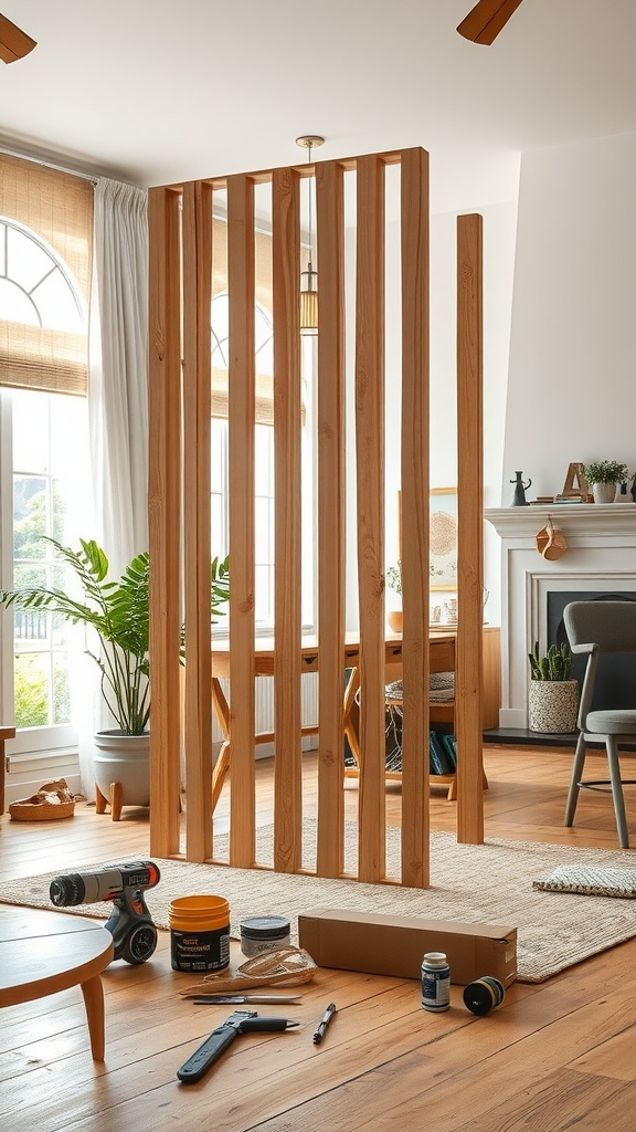 Wooden partition being constructed with tools and materials around it.