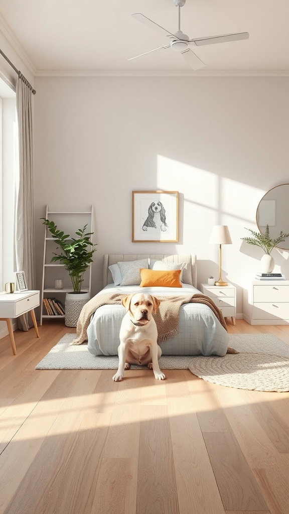 A cozy dog-friendly room with hardwood flooring and a Labrador sitting on the floor.