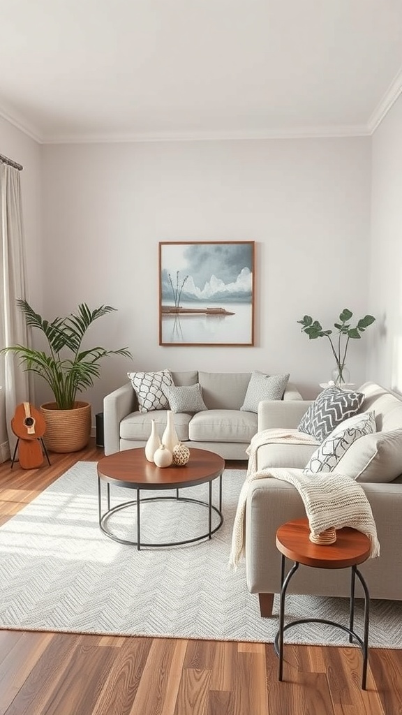 A cozy living room with a sofa, coffee table, and plants, designed to be dog-friendly.