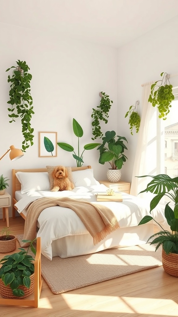 A bright room with a dog on the bed surrounded by various dog-safe plants.