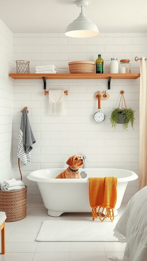 A cozy dog bathing station featuring a golden retriever in a white tub with wooden shelves and neatly arranged towels.