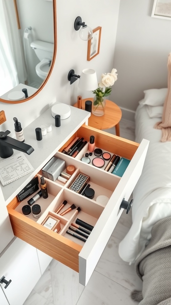 An organized bathroom drawer with dividers holding various beauty products and tools.