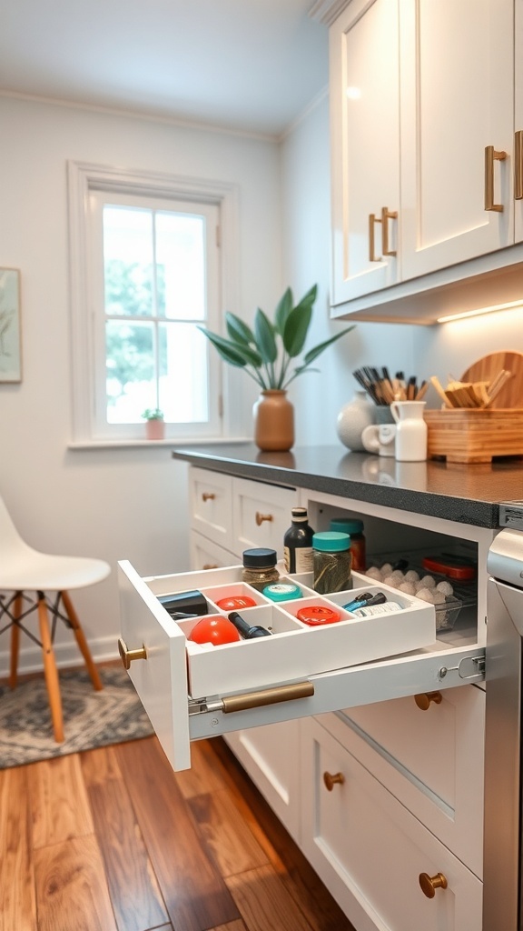A neatly organized kitchen drawer with jars and containers sorted in sections.
