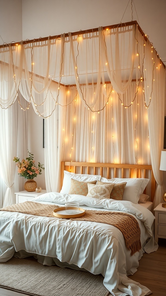 A cozy boho bedroom featuring a canopy bed with soft fabric drapes and fairy lights.