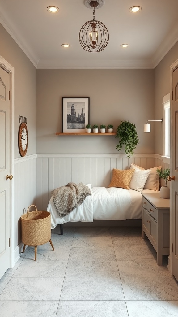 A stylish mudroom featuring durable flooring, cozy seating, and decorative elements.