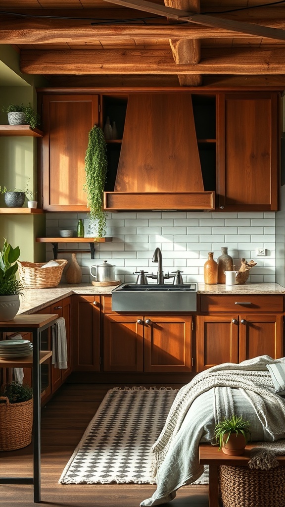 A cozy kitchen featuring earthy brown cabinets and olive green walls, with wooden beams and natural decor.