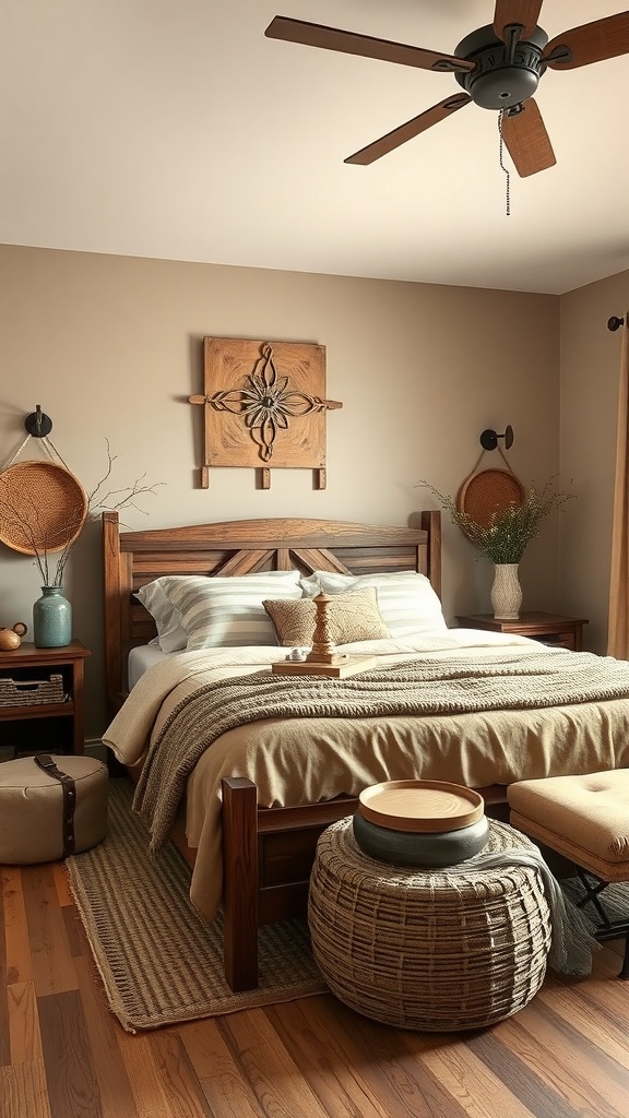A cozy western bedroom featuring earthy color palettes with wooden furniture and natural textures.