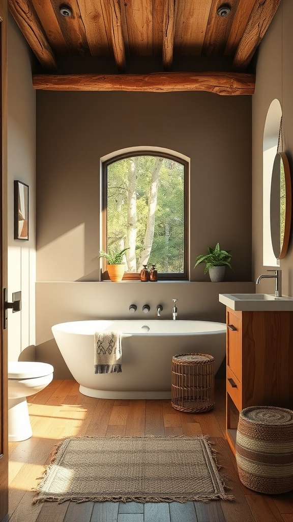 A rustic bathroom featuring earthy colors, wooden beams, a large window, and plants.
