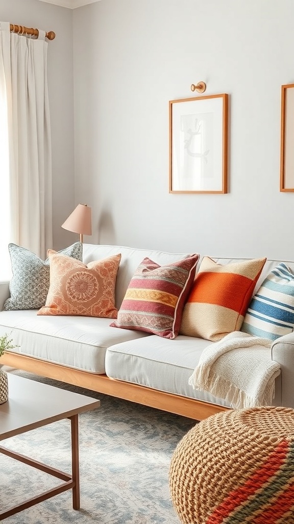 A cozy living room with a white sofa covered in colorful throw pillows, a small lamp, and a coffee table.
