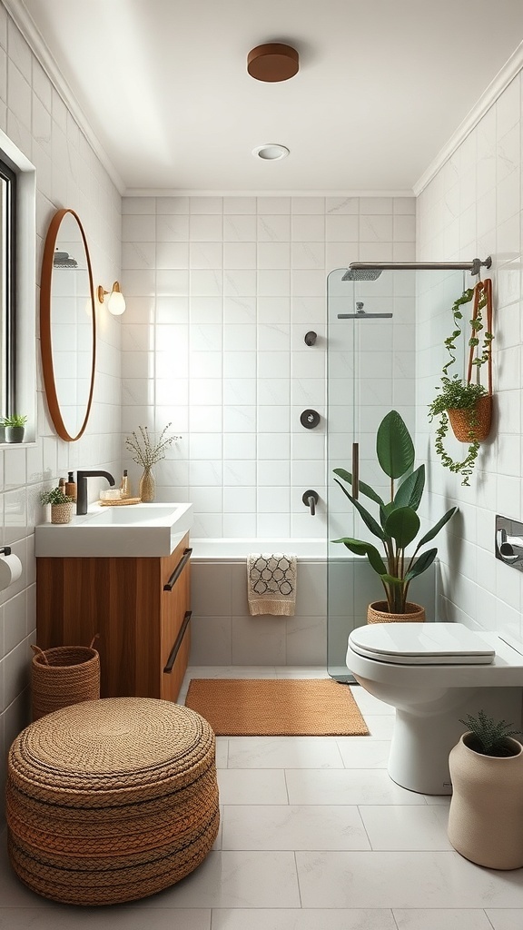 A small, modern bathroom featuring eco-friendly fixtures and natural materials.