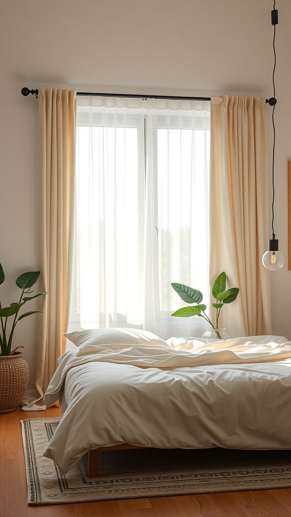 A cozy bedroom featuring double curtain rods with sheer and heavier curtains, complemented by indoor plants.