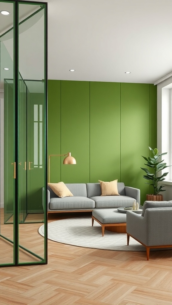 A modern living space featuring a glass partition wall and green wall panels, with cozy seating and indoor plants.