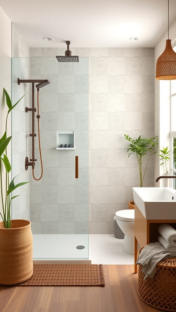 A modern eco-friendly shower room with a glass enclosure, wooden flooring, and natural decor elements.