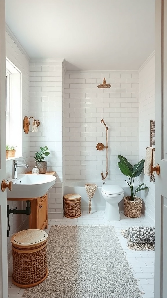 Cozy tiny home bathroom with white tiles, wooden accents, and plants.