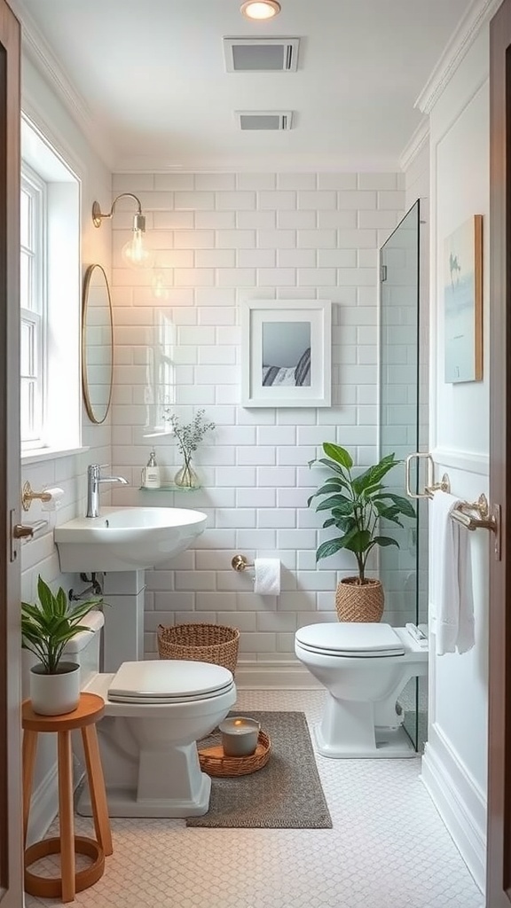 A modern and efficient bathroom layout in a tiny apartment featuring a white color scheme, plants, and smart storage solutions.