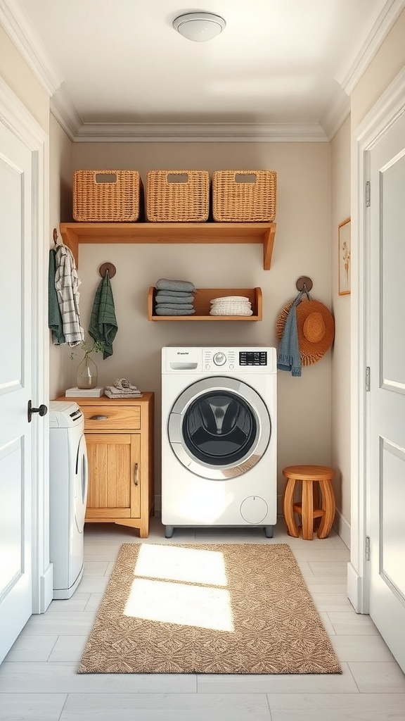 A cozy mudroom with an integrated laundry area featuring a washing machine, wooden shelves, storage baskets, and a rug.