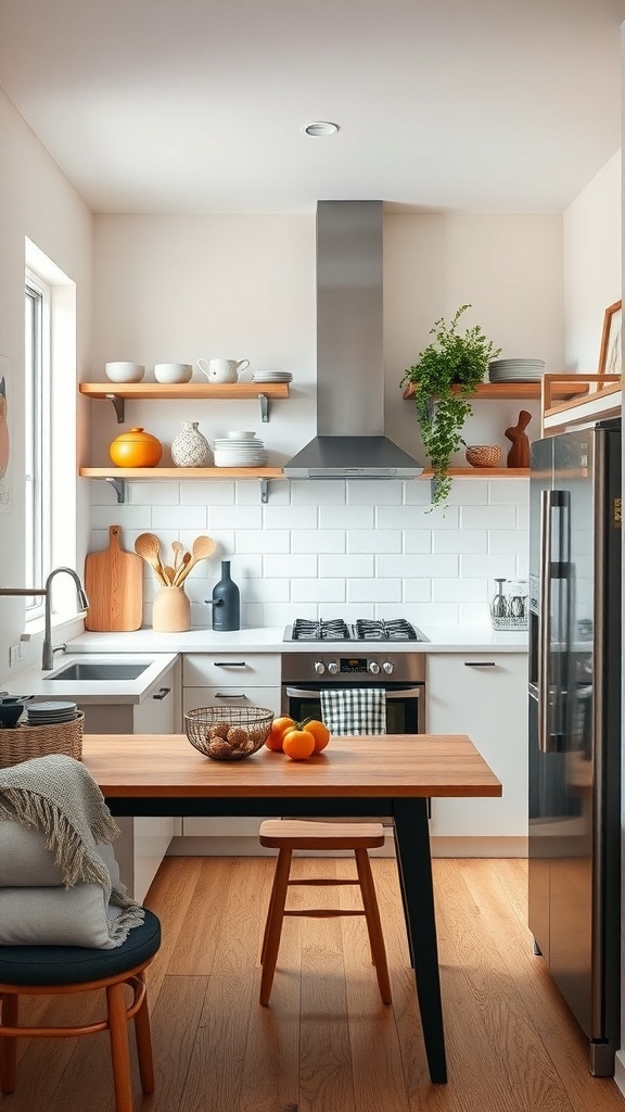 A modern tiny kitchenette featuring sleek cabinets, open shelves, a table, and natural light.
