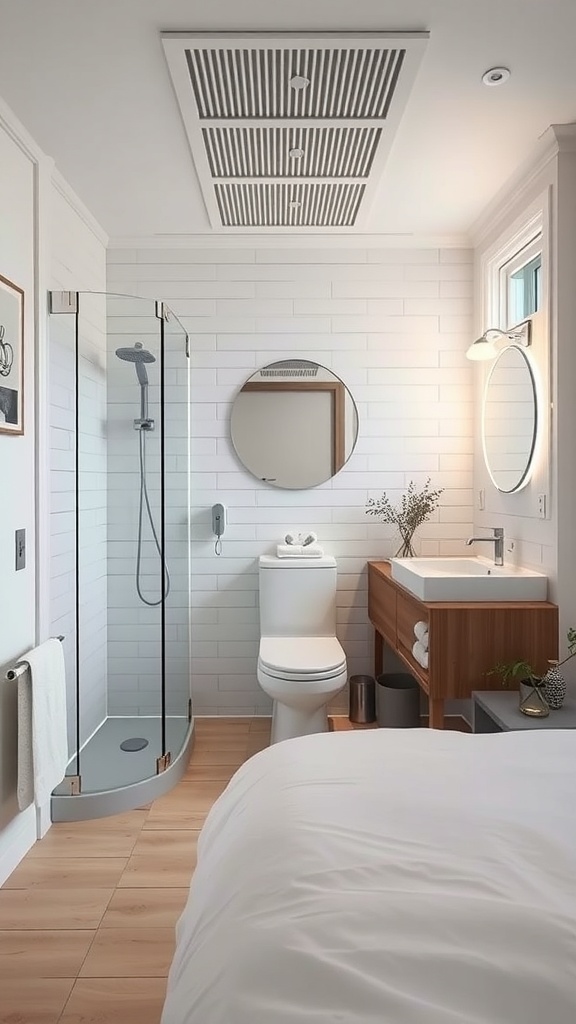 A small, modern bathroom featuring a shower, toilet, and sink with a ceiling vent for ventilation.